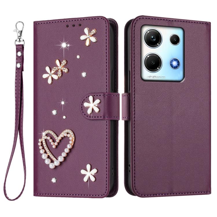 For Infinix Note 30 4G / Note 30 5G ZS01 Double-Layer Heart Floral Vegan Leather Phone Case with Wrist Strap