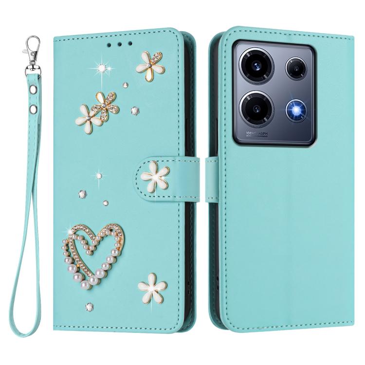 For Infinix Note 30 VIP ZS01 Double-Layer Heart Floral Vegan Leather Phone Case with Wrist Strap