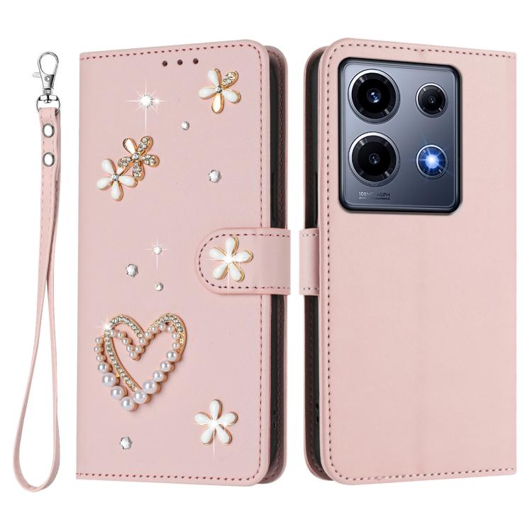 For Infinix Note 30 VIP ZS01 Double-Layer Heart Floral Vegan Leather Phone Case with Wrist Strap