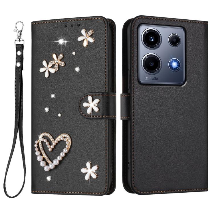For Infinix Note 30 VIP ZS01 Double-Layer Heart Floral Vegan Leather Phone Case with Wrist Strap