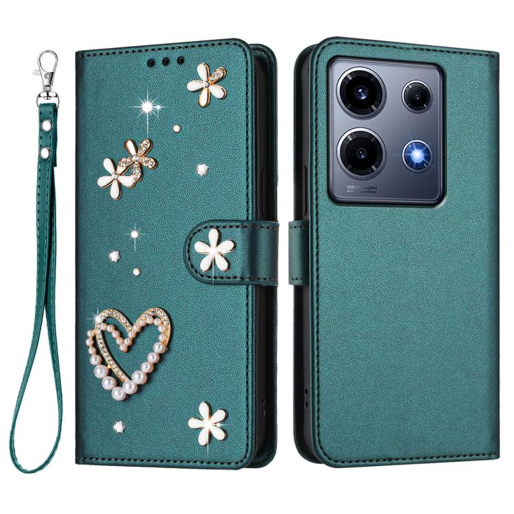 For Infinix Note 30 VIP ZS01 Double-Layer Heart Floral Vegan Leather Phone Case with Wrist Strap
