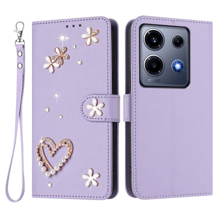 For Infinix Note 30 VIP ZS01 Double-Layer Heart Floral Vegan Leather Phone Case with Wrist Strap