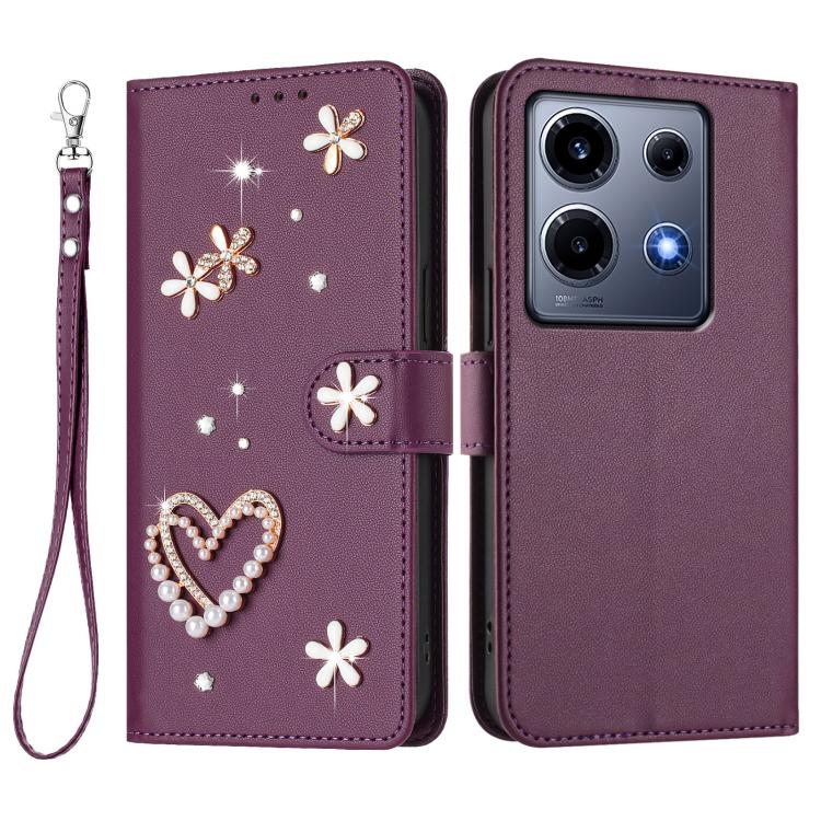 For Infinix Note 30 VIP ZS01 Double-Layer Heart Floral Vegan Leather Phone Case with Wrist Strap