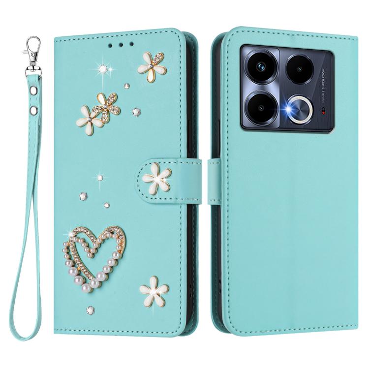 For Infinix Note 40 5G ZS01 Double-Layer Heart Floral Vegan Leather Phone Case with Wrist Strap