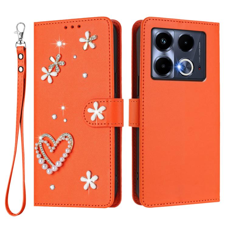 For Infinix Note 40 5G ZS01 Double-Layer Heart Floral Vegan Leather Phone Case with Wrist Strap