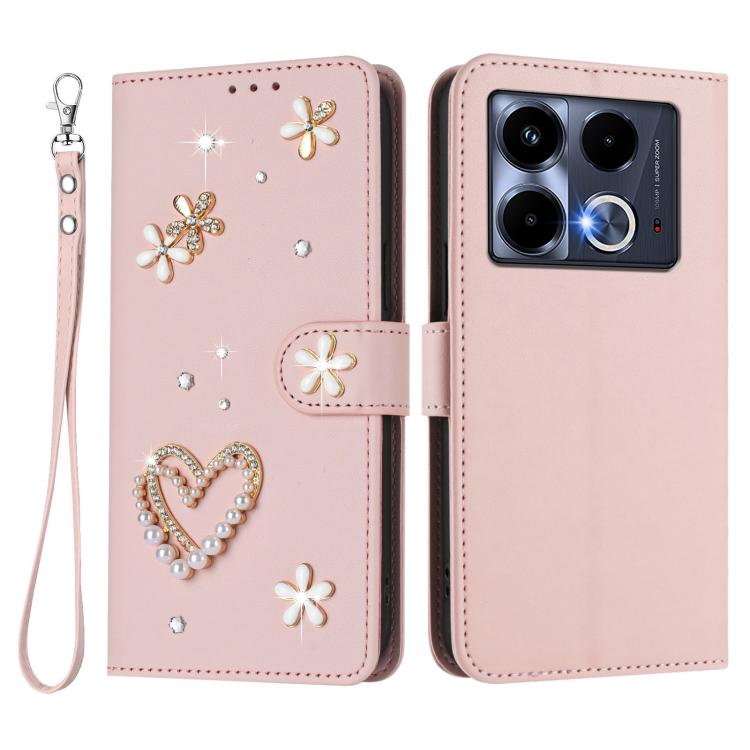 For Infinix Note 40 5G ZS01 Double-Layer Heart Floral Vegan Leather Phone Case with Wrist Strap