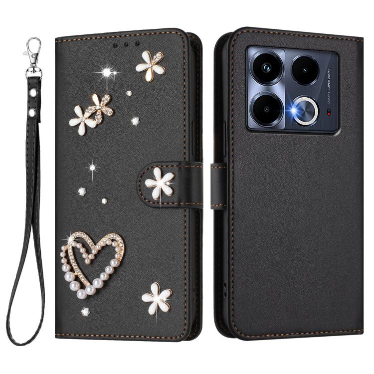 For Infinix Note 40 5G ZS01 Double-Layer Heart Floral Vegan Leather Phone Case with Wrist Strap