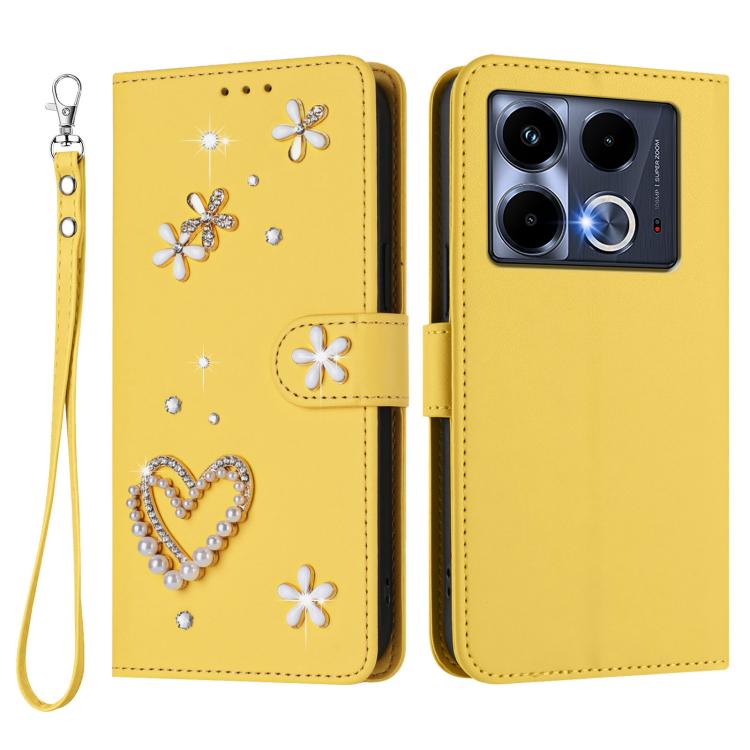 For Infinix Note 40 5G ZS01 Double-Layer Heart Floral Vegan Leather Phone Case with Wrist Strap