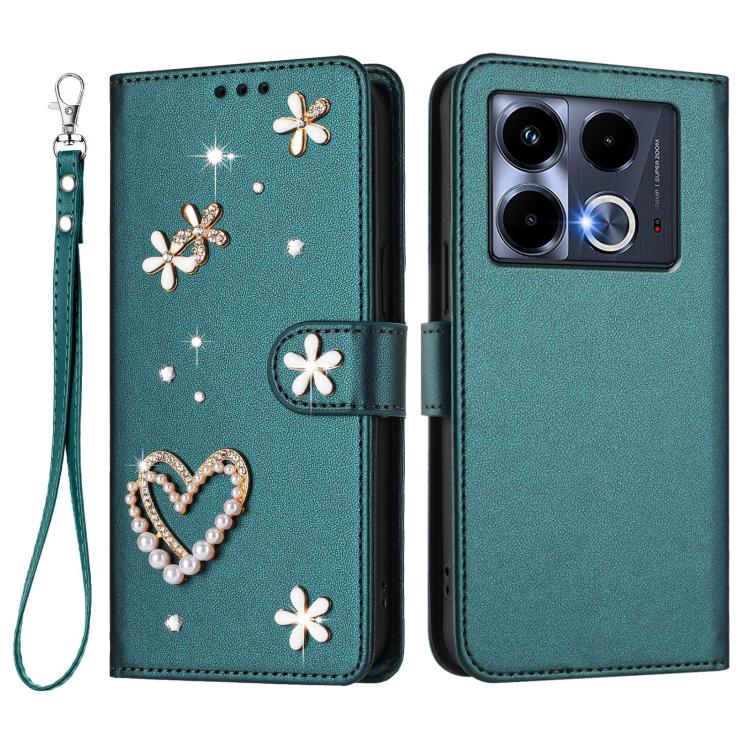For Infinix Note 40 5G ZS01 Double-Layer Heart Floral Vegan Leather Phone Case with Wrist Strap