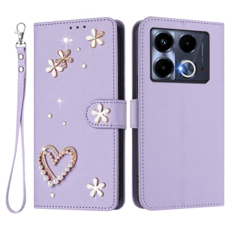 For Infinix Note 40 5G ZS01 Double-Layer Heart Floral Vegan Leather Phone Case with Wrist Strap