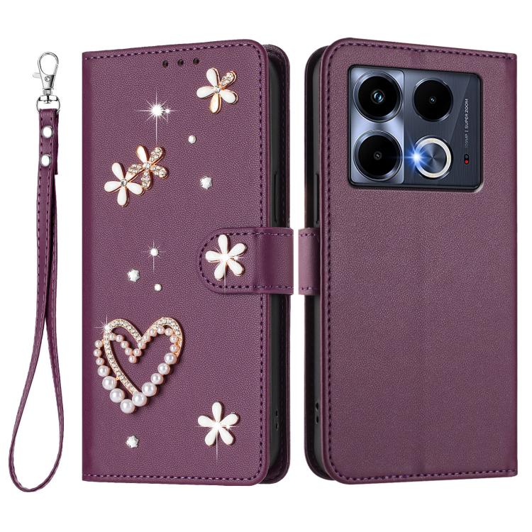 For Infinix Note 40 5G ZS01 Double-Layer Heart Floral Vegan Leather Phone Case with Wrist Strap