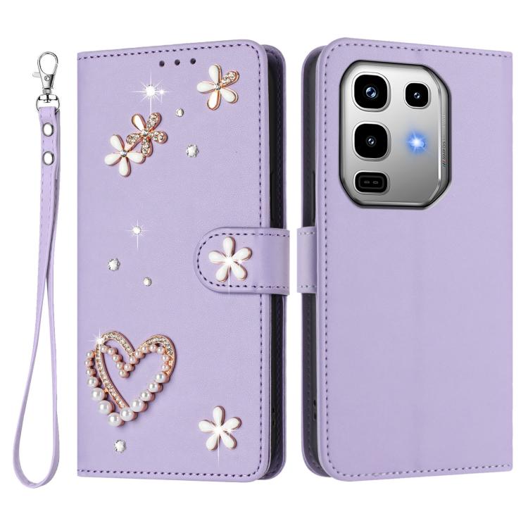 For Infinix Note 50 Pro 4G / Note 50 4G ZS01 Double-Layer Heart Floral Vegan Leather Phone Case with Wrist Strap