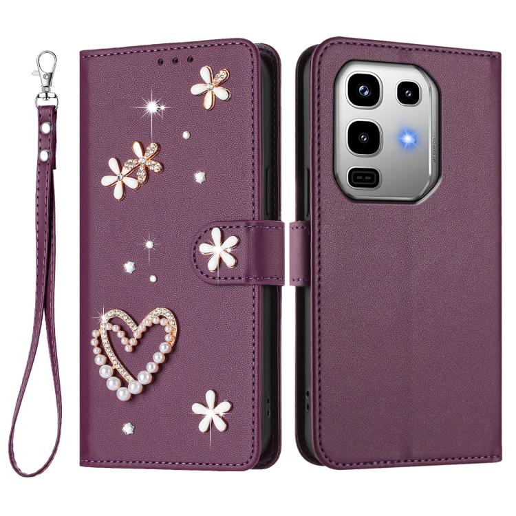 For Infinix Note 50 Pro 4G / Note 50 4G ZS01 Double-Layer Heart Floral Vegan Leather Phone Case with Wrist Strap