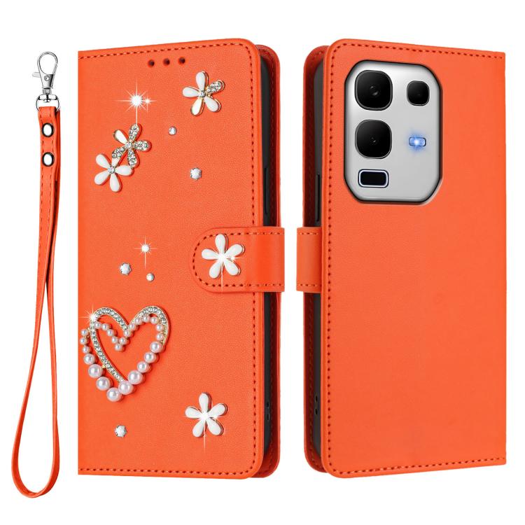 For Infinix Note 50s 5G ZS01 Double-Layer Heart Floral Vegan Leather Phone Case with Wrist Strap