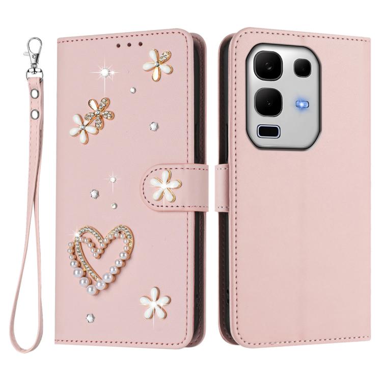 For Infinix Note 50s 5G ZS01 Double-Layer Heart Floral Vegan Leather Phone Case with Wrist Strap