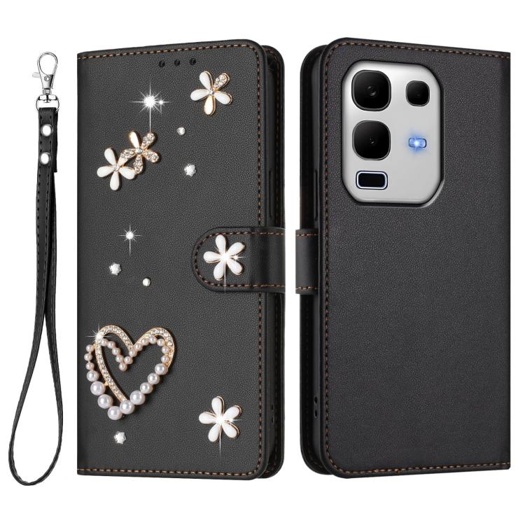 For Infinix Note 50s 5G ZS01 Double-Layer Heart Floral Vegan Leather Phone Case with Wrist Strap