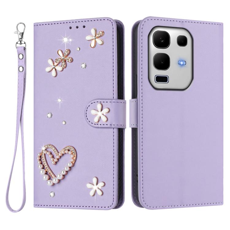 For Infinix Note 50s 5G ZS01 Double-Layer Heart Floral Vegan Leather Phone Case with Wrist Strap