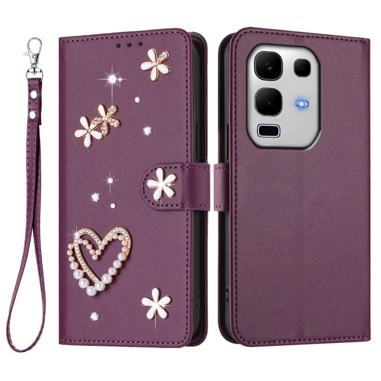 For Infinix Note 50s 5G ZS01 Double-Layer Heart Floral Vegan Leather Phone Case with Wrist Strap
