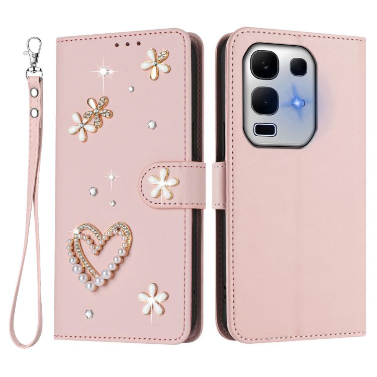For Infinix Note 50x 5G ZS01 Double-Layer Heart Floral Vegan Leather Phone Case with Wrist Strap