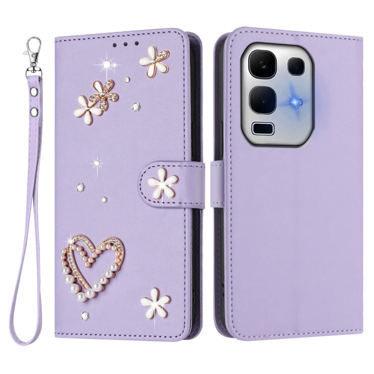 For Infinix Note 50x 5G ZS01 Double-Layer Heart Floral Vegan Leather Phone Case with Wrist Strap