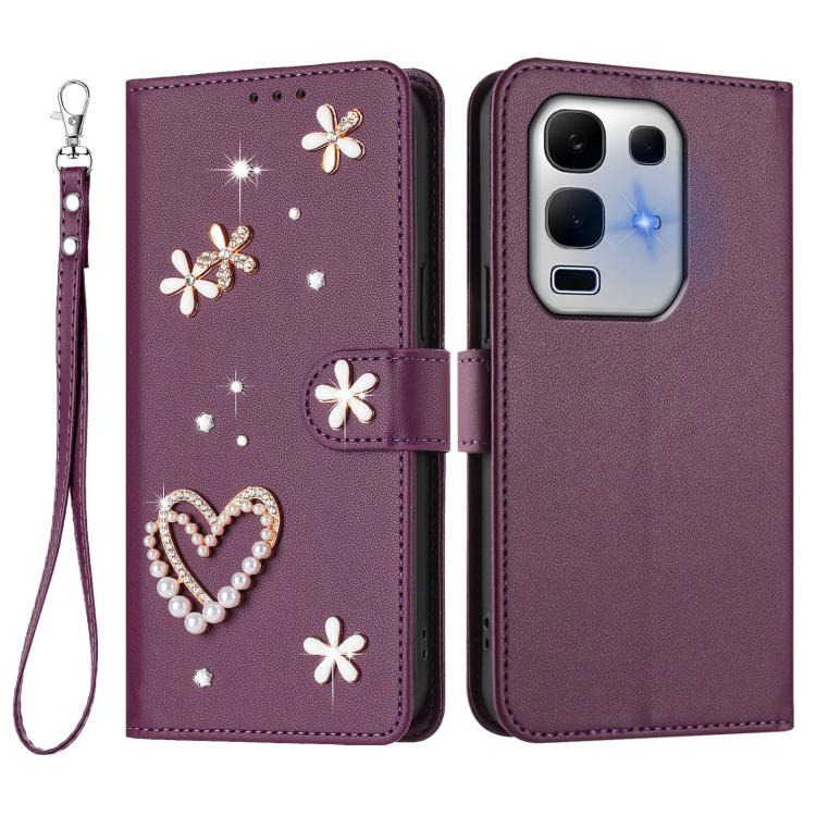 For Infinix Note 50x 5G ZS01 Double-Layer Heart Floral Vegan Leather Phone Case with Wrist Strap