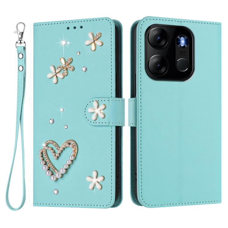 For Infinix Smart 7 Global / Tecno Pop 7 ZS01 Double-Layer Heart Floral Vegan Leather Phone Case with Wrist Strap