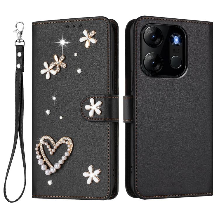For Infinix Smart 7 Global / Tecno Pop 7 ZS01 Double-Layer Heart Floral Vegan Leather Phone Case with Wrist Strap