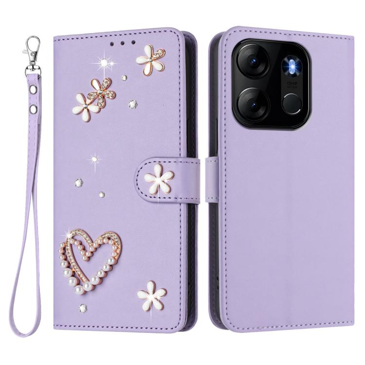 For Infinix Smart 7 Global / Tecno Pop 7 ZS01 Double-Layer Heart Floral Vegan Leather Phone Case with Wrist Strap