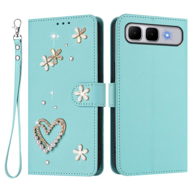 For Infinix Smart 10 Plus 4G ZS01 Double-Layer Heart Floral Vegan Leather Phone Case with Wrist Strap