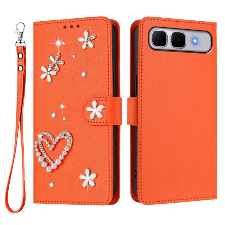 For Infinix Smart 10 Plus 4G ZS01 Double-Layer Heart Floral Vegan Leather Phone Case with Wrist Strap