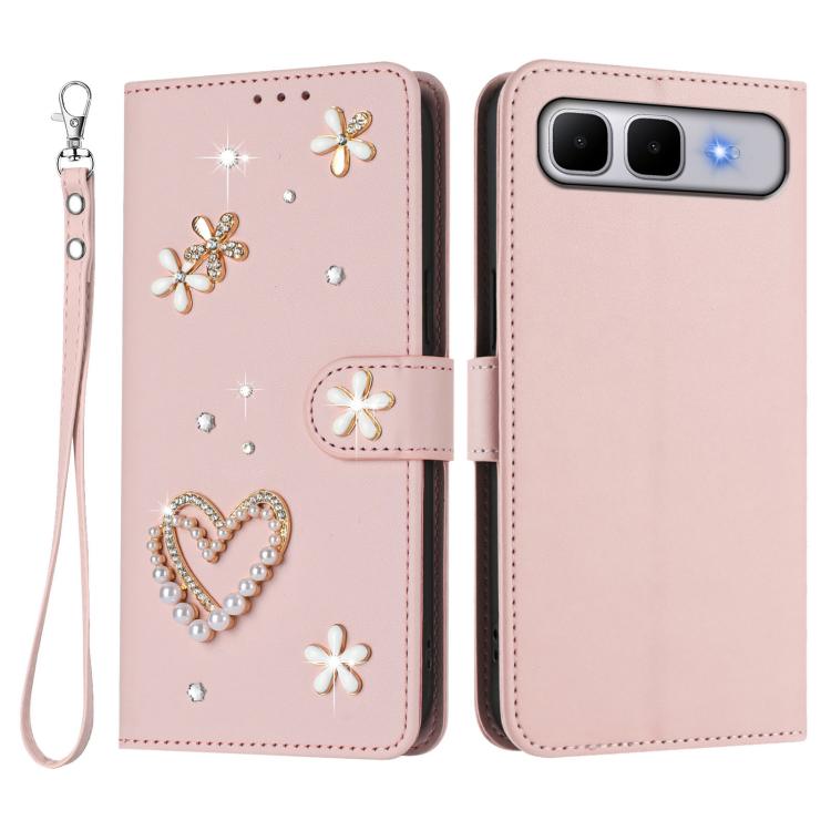 For Infinix Smart 10 Plus 4G ZS01 Double-Layer Heart Floral Vegan Leather Phone Case with Wrist Strap