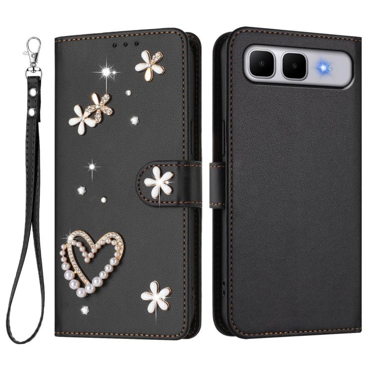 For Infinix Smart 10 Plus 4G ZS01 Double-Layer Heart Floral Vegan Leather Phone Case with Wrist Strap