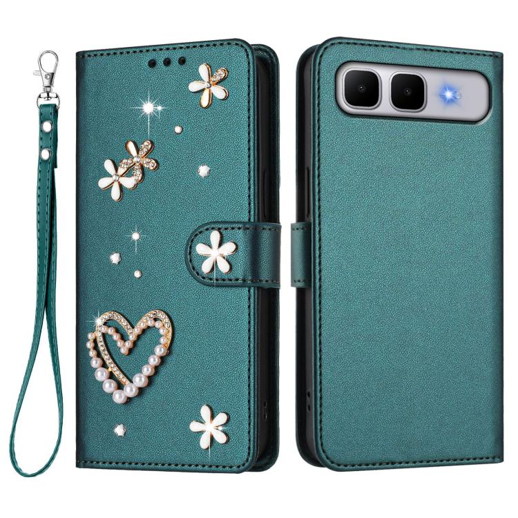For Infinix Smart 10 Plus 4G ZS01 Double-Layer Heart Floral Vegan Leather Phone Case with Wrist Strap