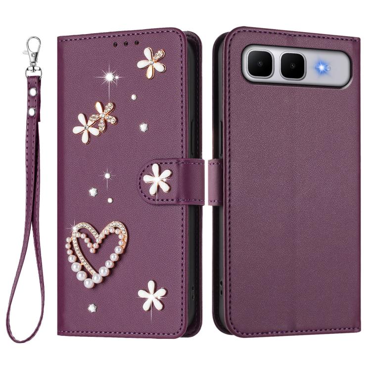 For Infinix Smart 10 Plus 4G ZS01 Double-Layer Heart Floral Vegan Leather Phone Case with Wrist Strap