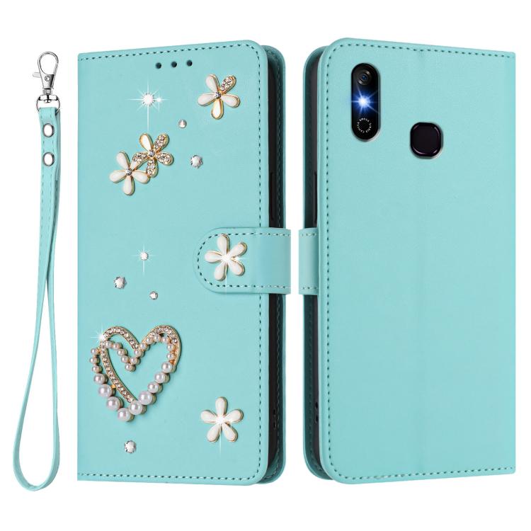 For Infinix Smart 4 X653 ZS01 Double-Layer Heart Floral Vegan Leather Phone Case with Wrist Strap