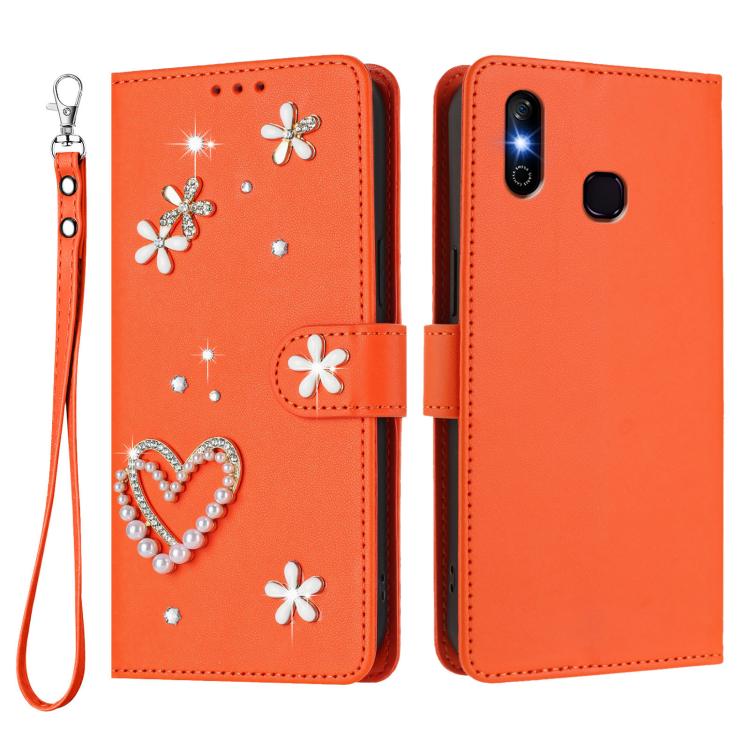 For Infinix Smart 4 X653 ZS01 Double-Layer Heart Floral Vegan Leather Phone Case with Wrist Strap