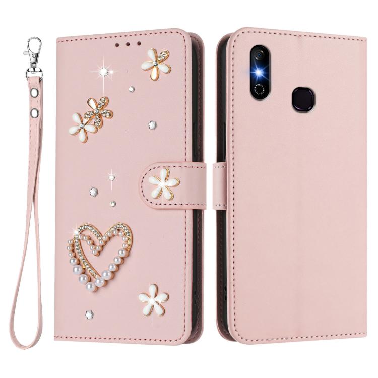 For Infinix Smart 4 X653 ZS01 Double-Layer Heart Floral Vegan Leather Phone Case with Wrist Strap