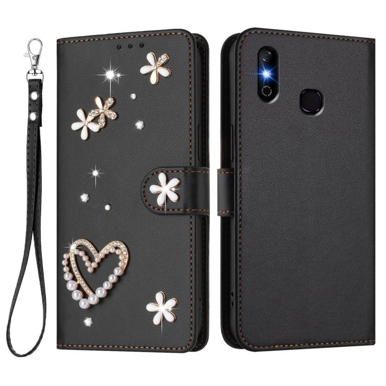 For Infinix Smart 4 X653 ZS01 Double-Layer Heart Floral Vegan Leather Phone Case with Wrist Strap