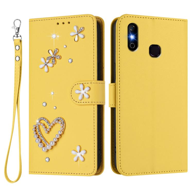 For Infinix Smart 4 X653 ZS01 Double-Layer Heart Floral Vegan Leather Phone Case with Wrist Strap