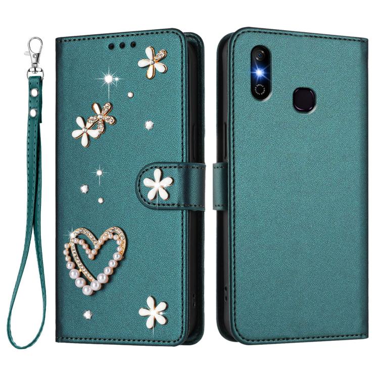 For Infinix Smart 4 X653 ZS01 Double-Layer Heart Floral Vegan Leather Phone Case with Wrist Strap