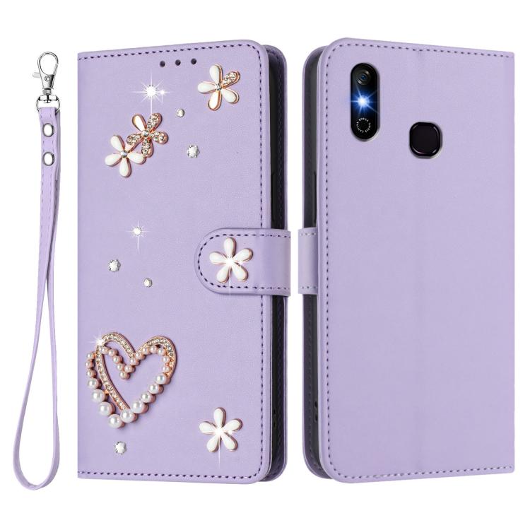 For Infinix Smart 4 X653 ZS01 Double-Layer Heart Floral Vegan Leather Phone Case with Wrist Strap