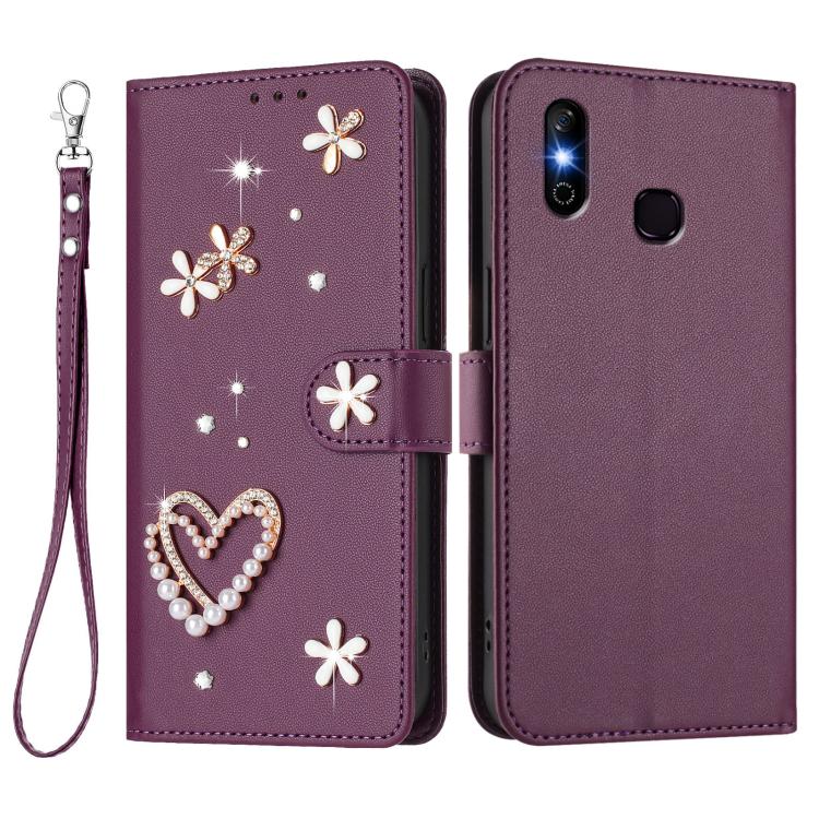 For Infinix Smart 4 X653 ZS01 Double-Layer Heart Floral Vegan Leather Phone Case with Wrist Strap