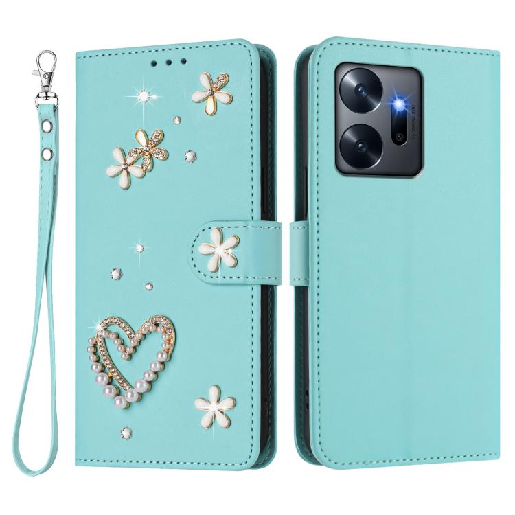For Infinix Zero 20 ZS01 Double-Layer Heart Floral Vegan Leather Phone Case with Wrist Strap
