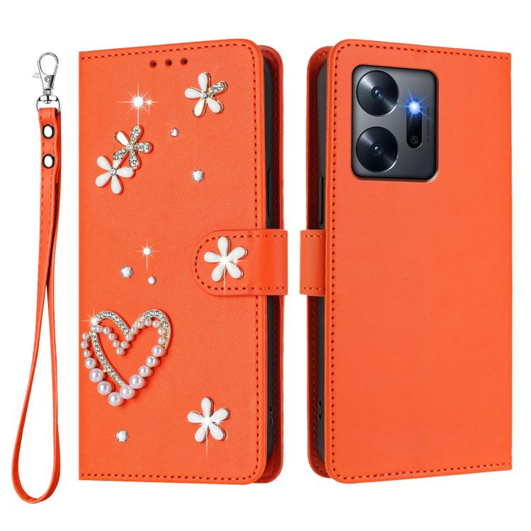 For Infinix Zero 20 ZS01 Double-Layer Heart Floral Vegan Leather Phone Case with Wrist Strap