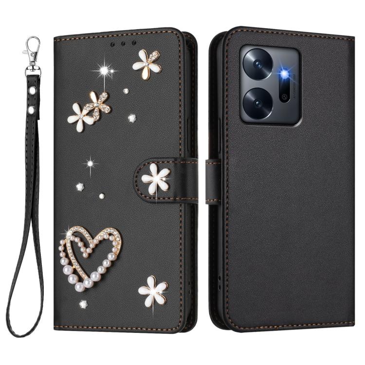 For Infinix Zero 20 ZS01 Double-Layer Heart Floral Vegan Leather Phone Case with Wrist Strap