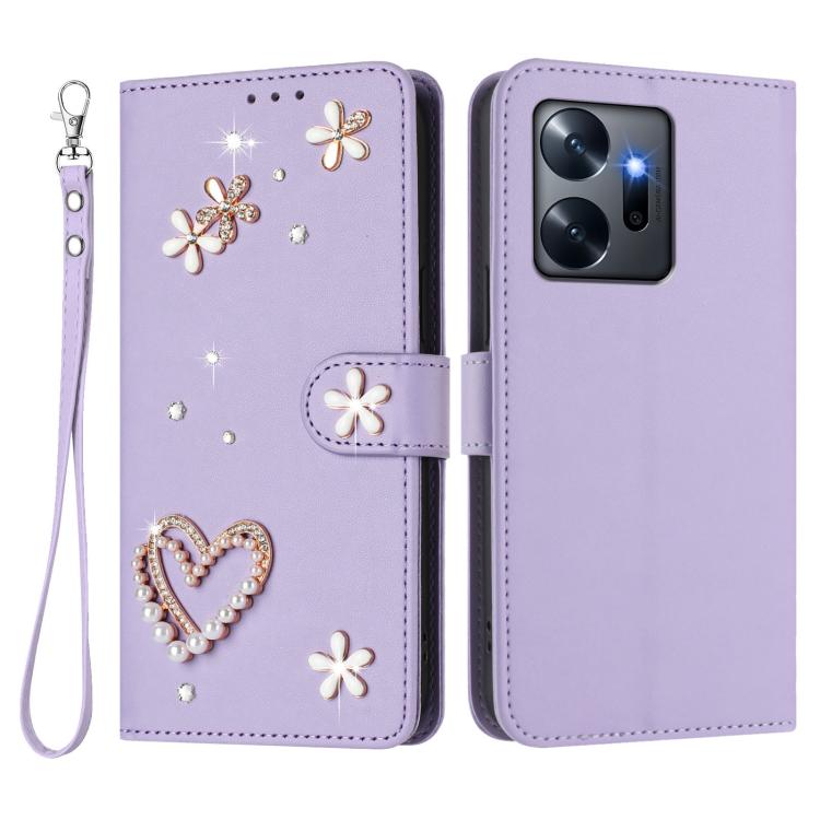 For Infinix Zero 20 ZS01 Double-Layer Heart Floral Vegan Leather Phone Case with Wrist Strap