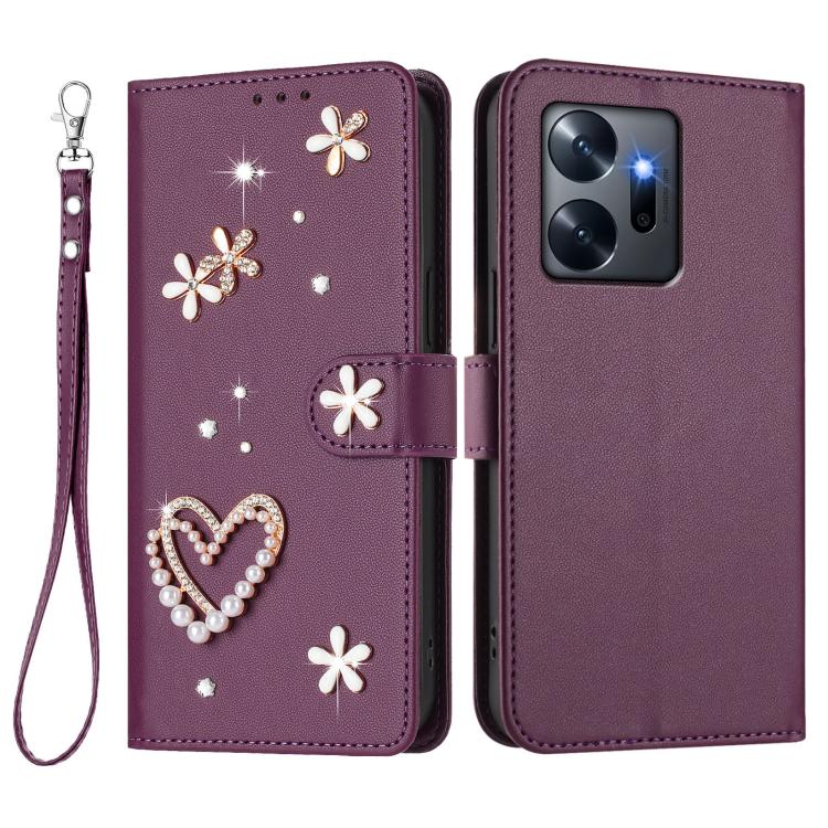 For Infinix Zero 20 ZS01 Double-Layer Heart Floral Vegan Leather Phone Case with Wrist Strap