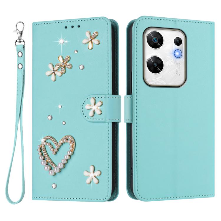 For Infinix Zero 30 4G ZS01 Double-Layer Heart Floral Vegan Leather Phone Case with Wrist Strap
