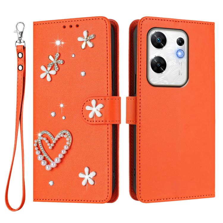 For Infinix Zero 30 4G ZS01 Double-Layer Heart Floral Vegan Leather Phone Case with Wrist Strap