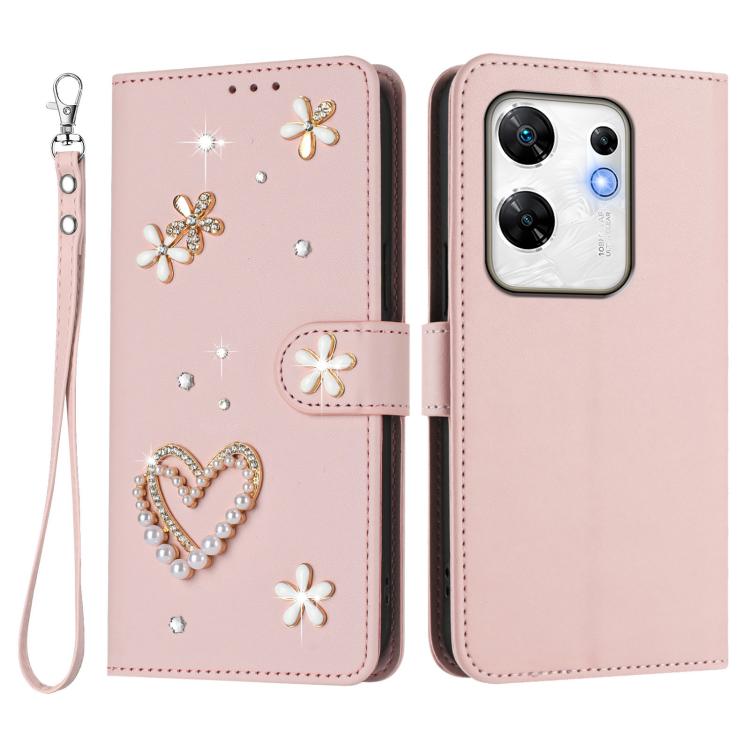 For Infinix Zero 30 4G ZS01 Double-Layer Heart Floral Vegan Leather Phone Case with Wrist Strap